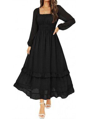 Women's Black Fall Swiss Dot Chiffon Square Neck A-Line Wedding Guest Maxi Dress